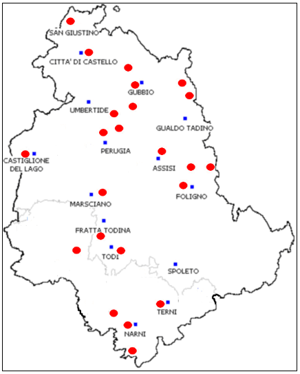 Figure 4. Red points: sites of provenance of host animals or dragging. Blue points: important cities