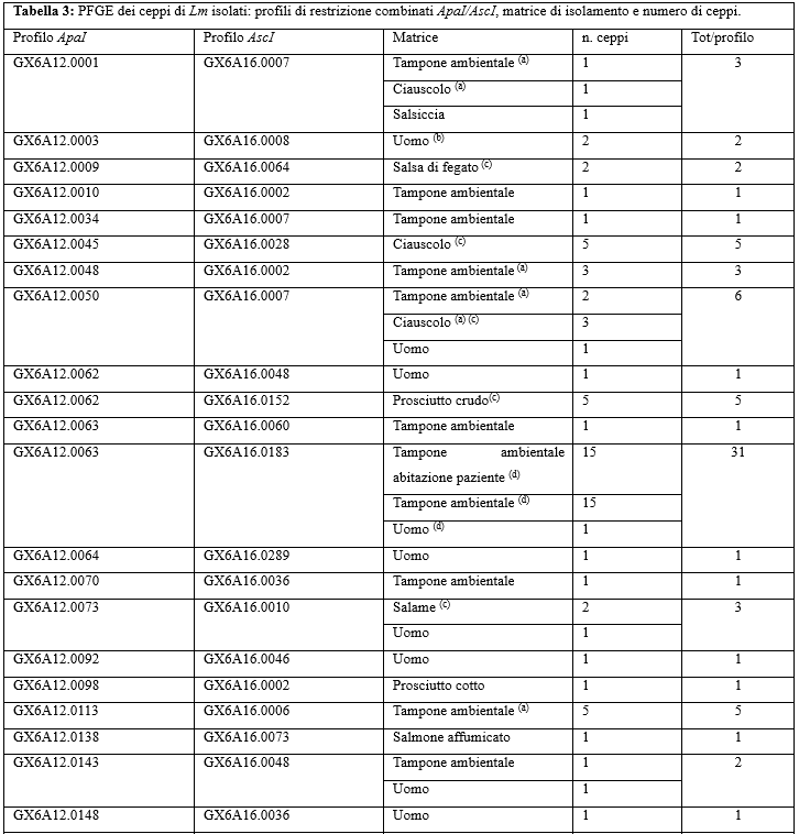Tabella 3: PFGE dei ceppi di Lm isolati: profili di restrizione combinati ApaI/AscI,matrice di isolamento e numero di ceppi