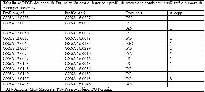 Tabella 4. PFGE dei ceppi di Lm isolati da casi di listeriosi: profili di restrizione combinati ApaI/AscI e numero di ceppi per provincia
