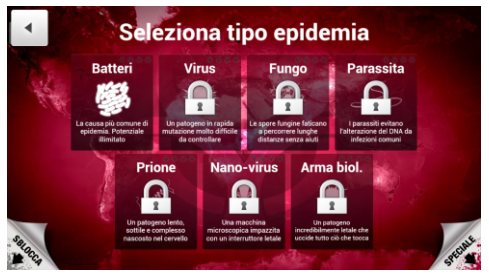 Figura 9. Schermata di selezione del tipo di epidemia