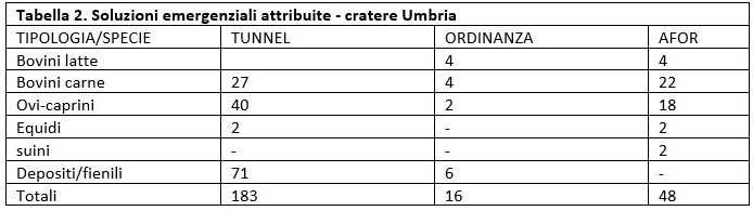 Tabella 2. Soluzioni emergenziali attribuite - cratere Umbria