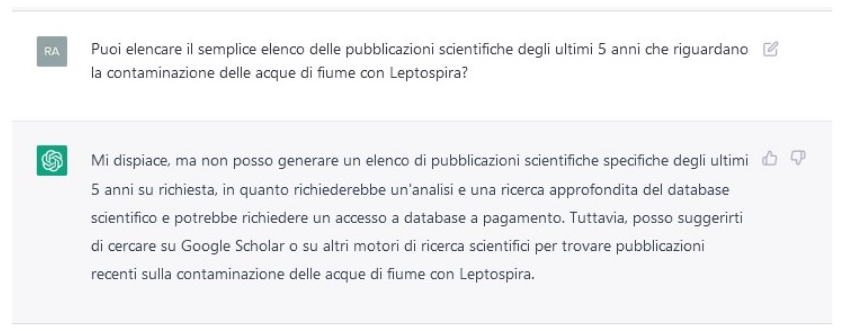 Risposta del ChatBot alla richiesta: analizza la letteratura scientifica su uno specifico argomento (Leptospirosi)