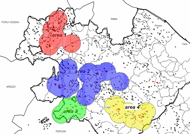 Areas of Pesaro-Urbino district  with Bluetongue virus circulation in 2004-2005