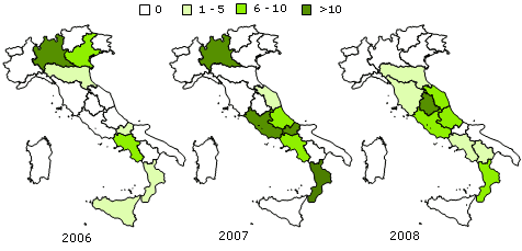 Focolai di MVS dal 2006 al 2008 nelle regioni italiane