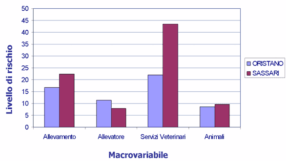 livelli di rischio attribuiti alle macrovariabili distinte per le zone territoriali considerate nello studio  