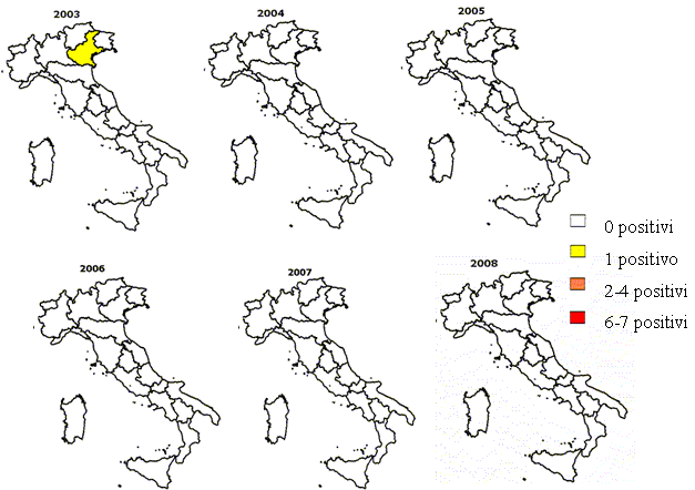 Figura 7: Regioni con capi positivi per la razza Rendena dal 2003 al 2008