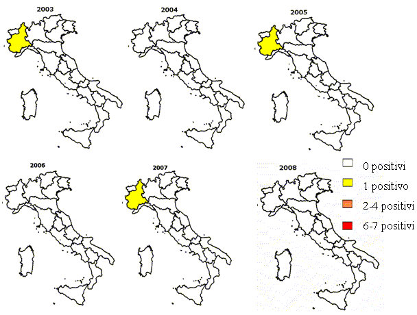Figura 8: Regioni con capi positivi per la razza Piemontese dal 2003 al 2008