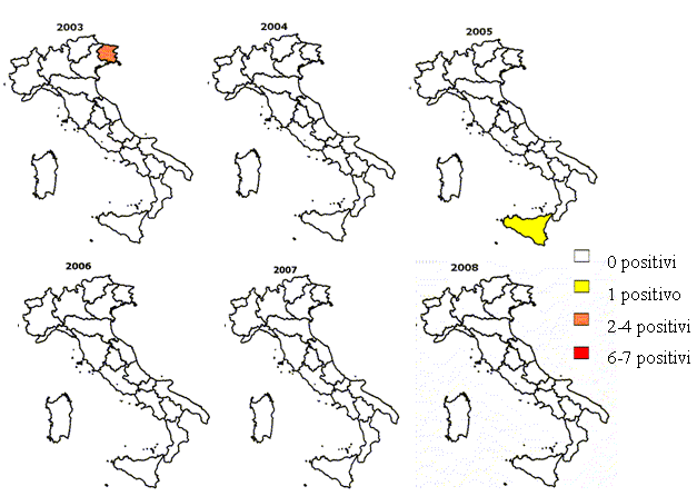 Figura 9: Regioni con capi positivi per la razza Pezzata rossa dal 2003 al 2008
