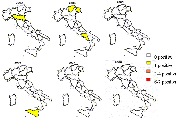 Figura 11: Regioni con capi positivi per la razza Bruna dal 2003 al 2008