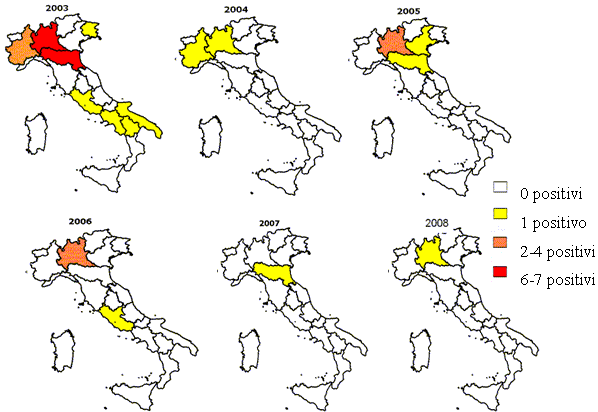 Figura 12: Regioni con capi positivi per la razza Frisona dal 2003 al 2008