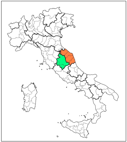 Provinces constituting the Umbria Region and in orange the provinces of Marche Region