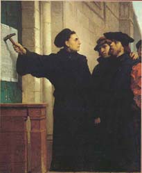 dipinto di Ferdinand Pauwels (1872). Martin Lutero affigge le sue Novantacinque Tesi sulla porta della chiesa di Wittenberg nel 1517