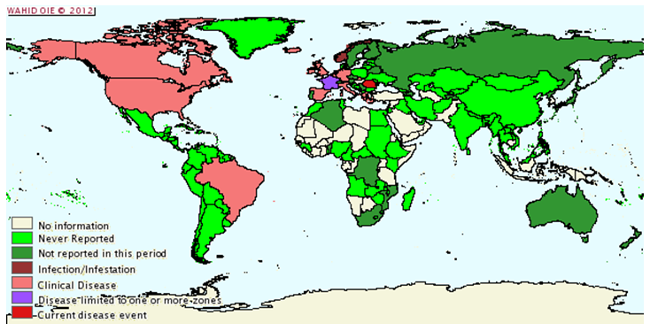 Situazione epidemiologica della scrapie nel mondo da gennaio a giugno 2007 - Courtesy of the World Animal Health Information Database (WAHID)