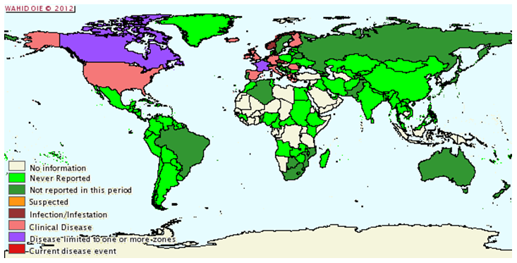 Situazione epidemiologica della scrapie nel mondo da luglio a dicembre 2007 - Courtesy of the World Animal Health Information Database (WAHID)