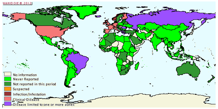 Situazione epidemiologica della scrapie nel mondo da gennaio a giugno 2008 - Courtesy of the World Animal Health Information Database (WAHID)