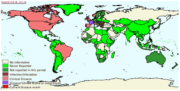 Situazione epidemiologica della scrapie nel mondo da luglio a dicembre 2009 - Courtesy of the World Animal Health Information Database (WAHID)