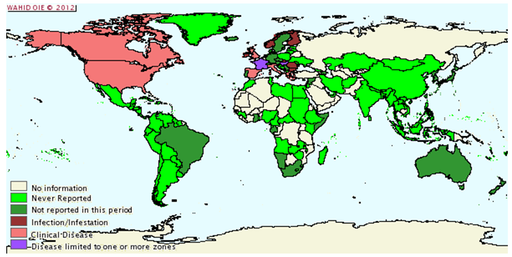 Situazione epidemiologica della scrapie nel mondo da gennaio a giugno 2010 - Courtesy of the World Animal Health Information Database (WAHID)