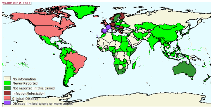 Situazione epidemiologica della scrapie nel mondo da luglio a dicembre 2011 - Courtesy of the World Animal Health Information Database (WAHID)