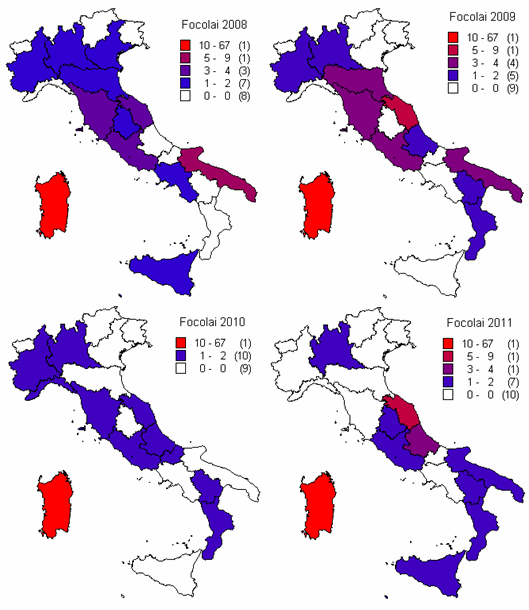Mappa tematica dei focolai per scrapie in Italia dal 2008 al 2011 (Fonte: IZSUM)