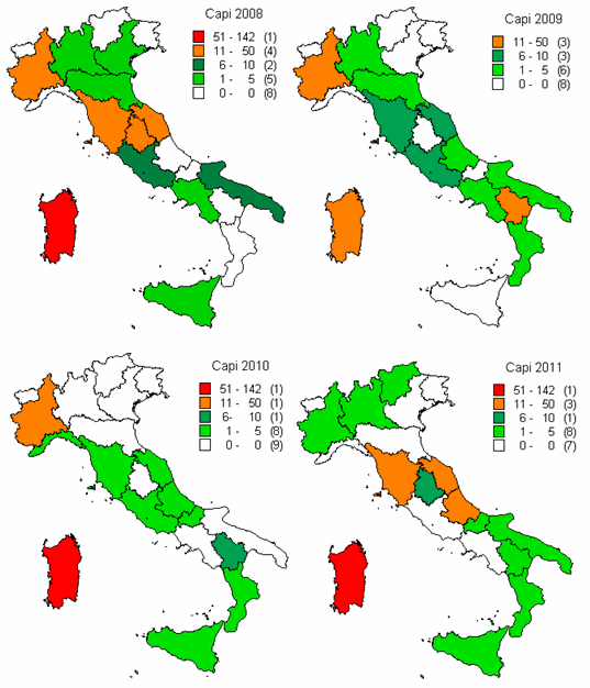 Mappa tematica dei capi positivi per scrapie in Italia dal 2008 al 2011 (Fonte: IZSUM)