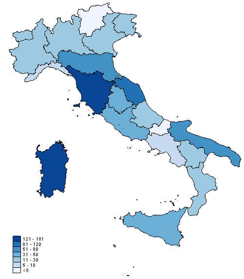 Distribuzione geografica della malattia: incidenza negli anni 1995 – 2011. Incidenza regionale (numero di focolai/10.000 allevamenti) (Fonte: CEA)