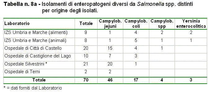 Tabella n. 8a: Isolamenti di enteropatogeni diversi da <em>Salmonella</em> spp. distinti per origine degli isolati